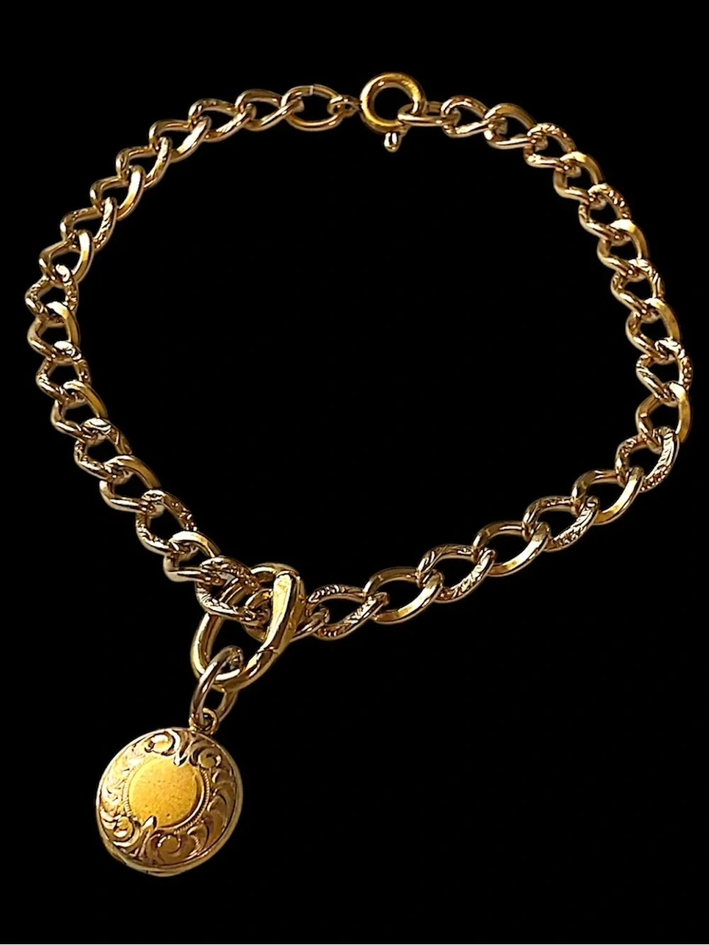 Vintage Gold Filled Etched Chain Link Locket Bracelet 7”